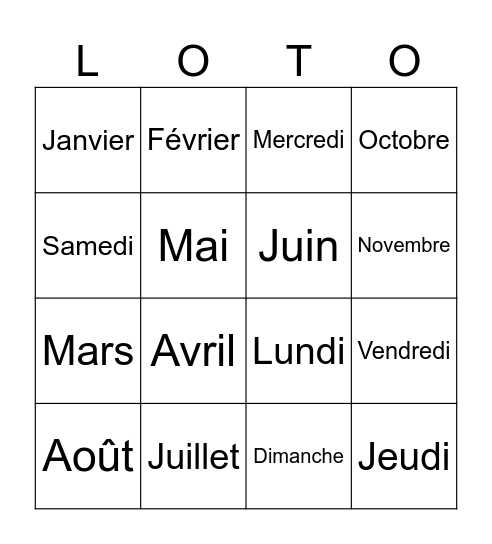 Les jours et les mois Bingo Card
