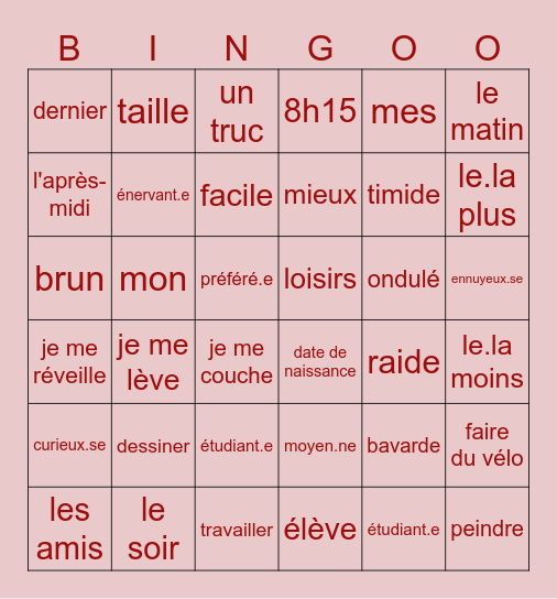 2D Je me présente Bingo Card