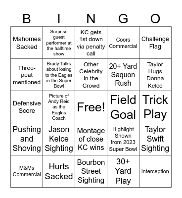 Super Bowl Bingo Card