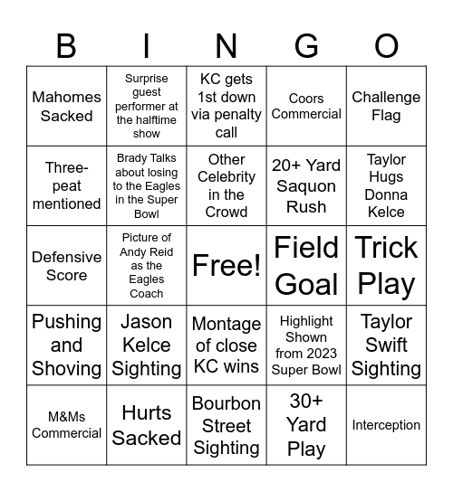 Super Bowl Bingo Card