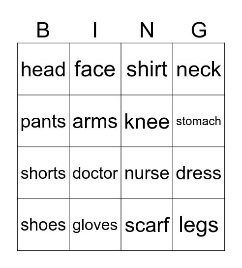 Clothes/People/Body Parts Bingo Card