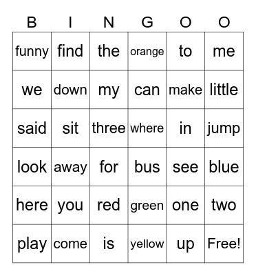 Pre-Primer Sight Vocabulary Bingo Card