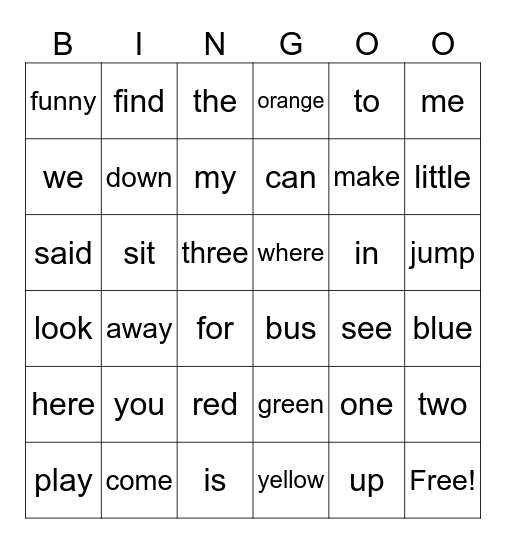 Pre-Primer Sight Vocabulary Bingo Card