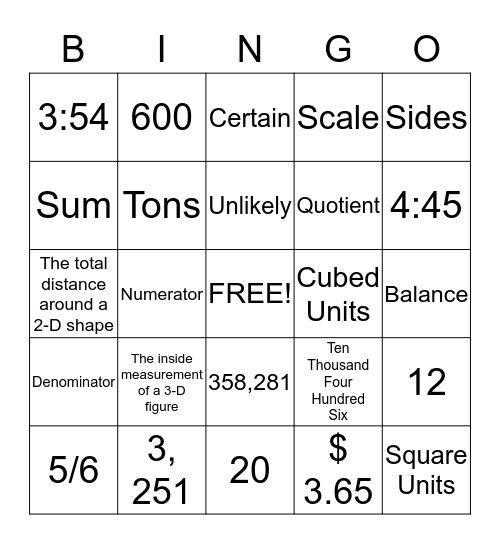 Math Review Bingo Card