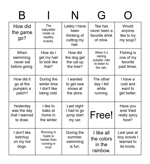 Reading Fluency Bingo Card