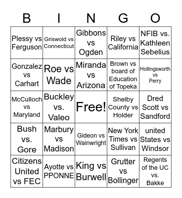 Court Cases Bingo Card