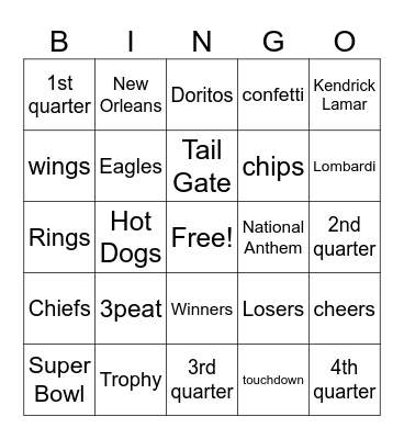 Super Bowl Bingo Card