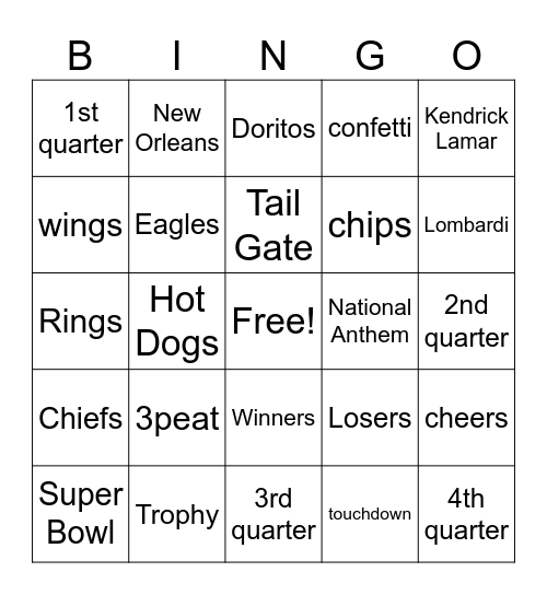 Super Bowl Bingo Card