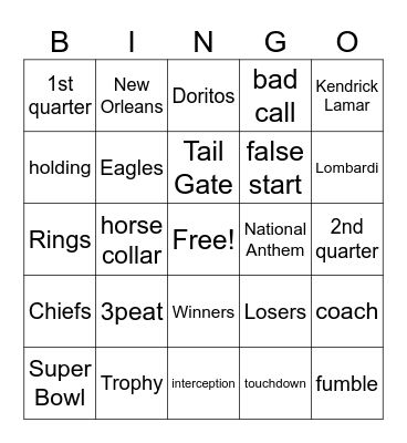 Super Bowl Bingo Card
