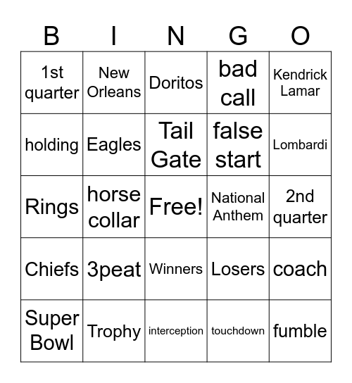 Super Bowl Bingo Card