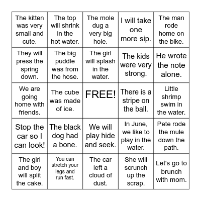 Fluency Bingo Card