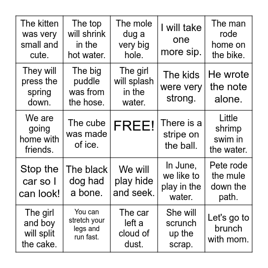 Fluency Bingo Card