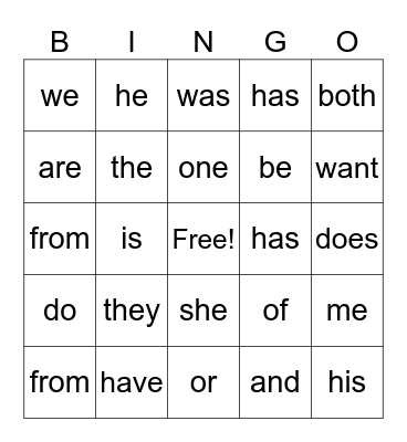 Sight Words 1 Bingo Card
