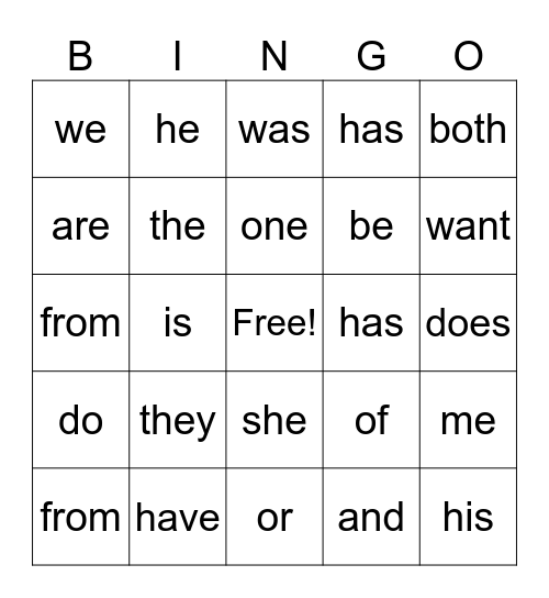 Sight Words 1 Bingo Card