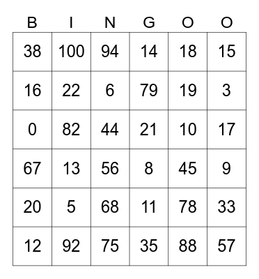 Numeros 0-100 Bingo Card