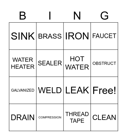 PLUMBING BINGO Card