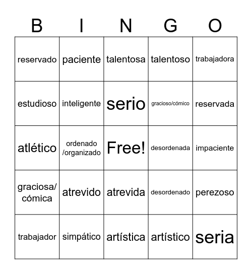 Las caracteristicas de personalidad Bingo Card