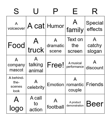 Super Bowl Commercials Bingo Card