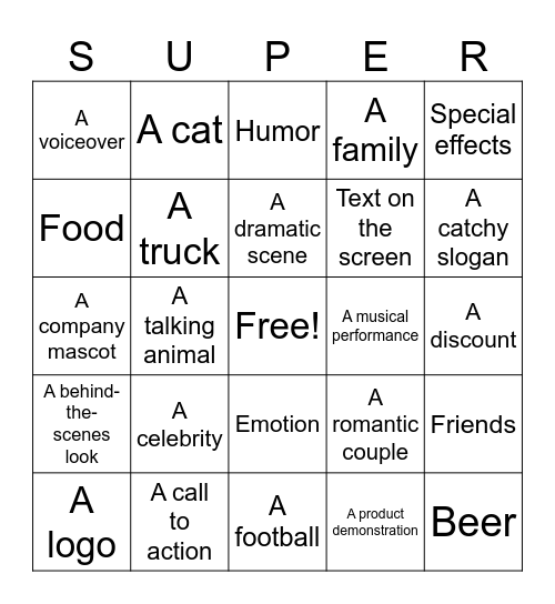 Super Bowl Commercials Bingo Card