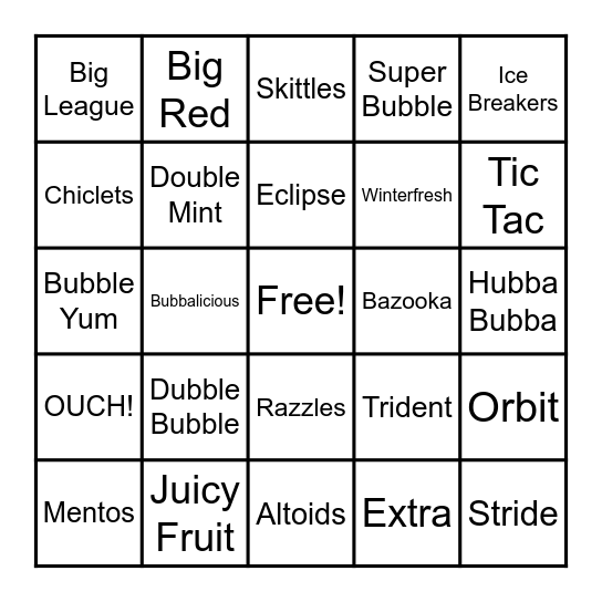 Bubble Gum Bingo Card