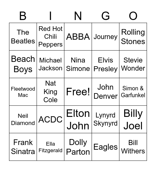 Classic Music Artists Bingo Card