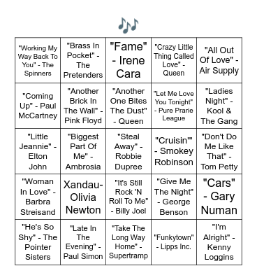 SONGS OF 1980 Bingo Card
