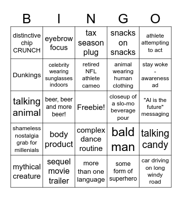 2025 Superbowl Commercial Bingo Card