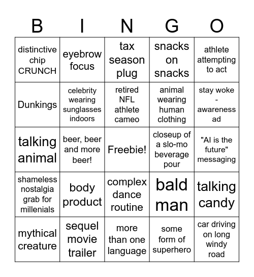 2025 Superbowl Commercial Bingo Card