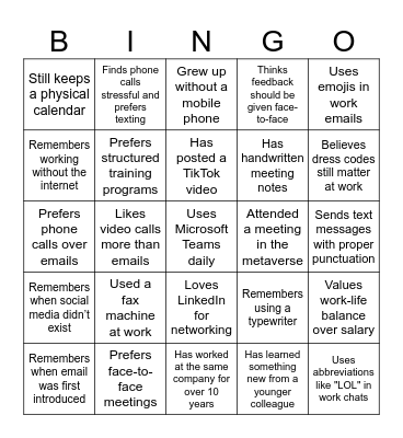 Generational Bingo Card