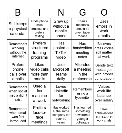 Generational Bingo Card