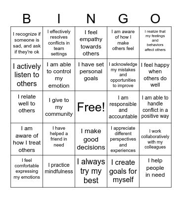 "Social Emotional Learning Bingo" Bingo Card