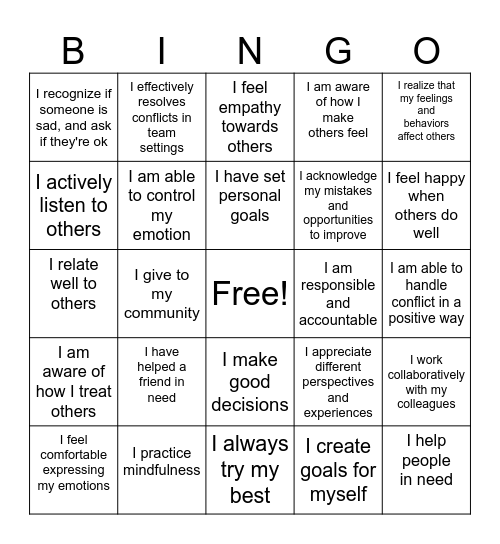 "Social Emotional Learning Bingo" Bingo Card