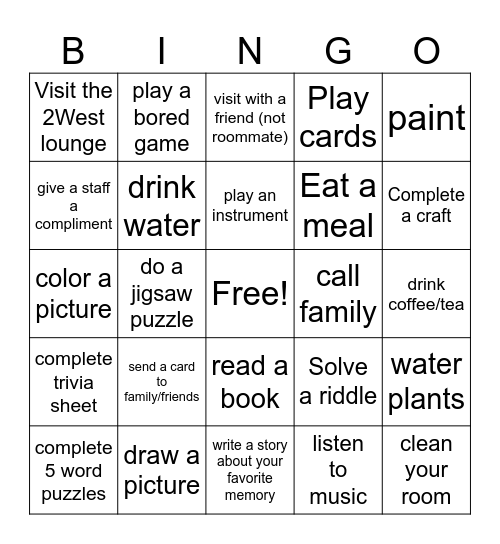 Boredom Bingo Card