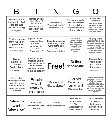 Transcendentalism Bingo: Find Someone To. . . Bingo Card