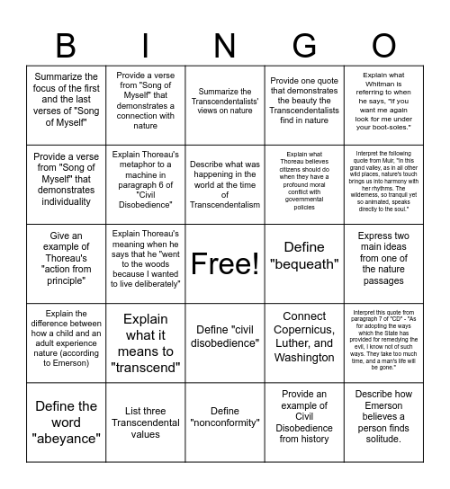 Transcendentalism Bingo: Find Someone To. . . Bingo Card