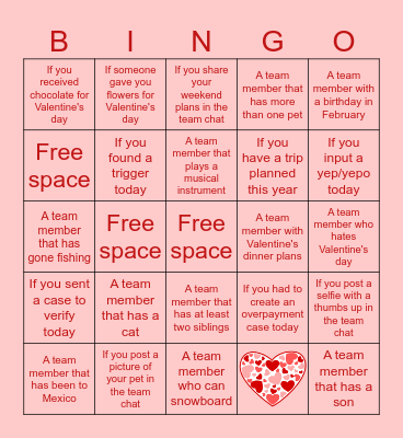 Team 108 Valentine's Day Bingo Card