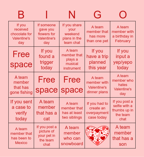 Team 108 Valentine's Day Bingo Card