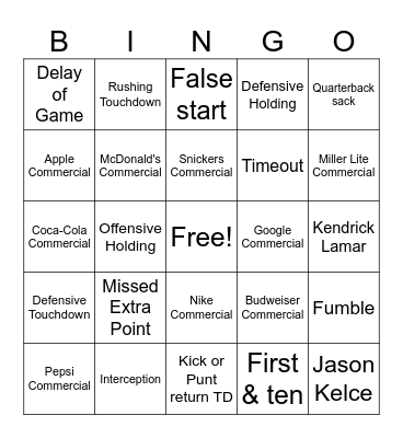 Superbowl BIngo Card