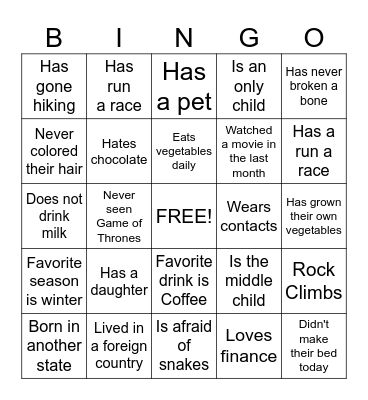 Get to Know You Bingo Card