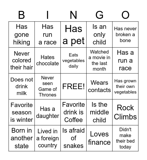 Get to Know You Bingo Card