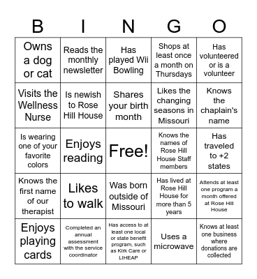 Rose Hill House Meet & Greet Bingo Card