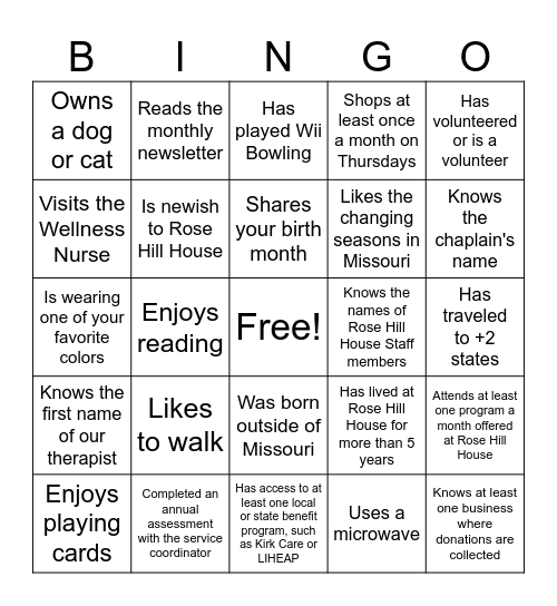 Rose Hill House Meet & Greet Bingo Card