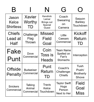 Super Bowl LIX Bingo Card