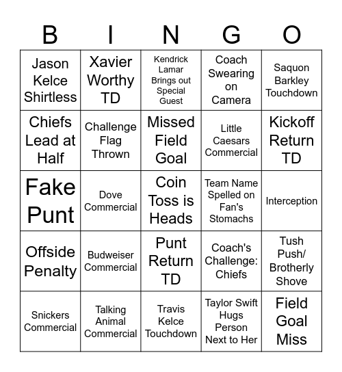 Super Bowl LIX Bingo Card