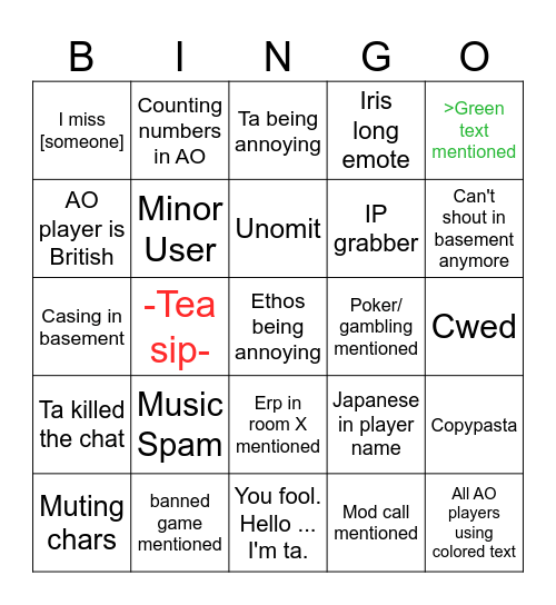 AO vanilla basement bingo Card