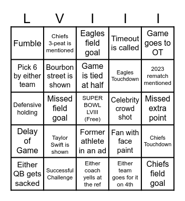 Super Bowl LVIII Bingo Card