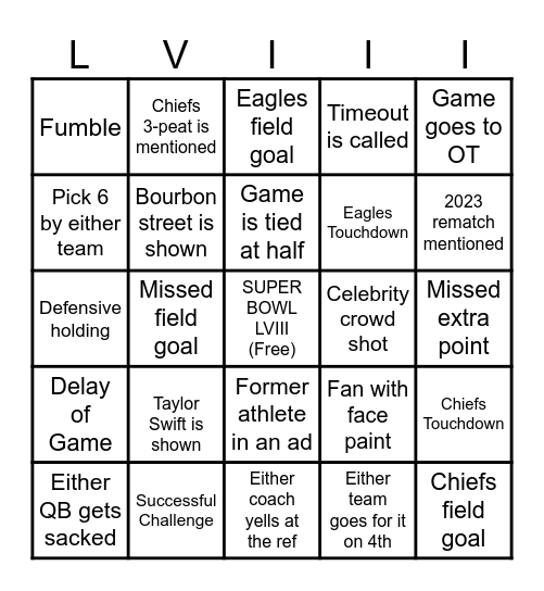 Super Bowl LVIII Bingo Card