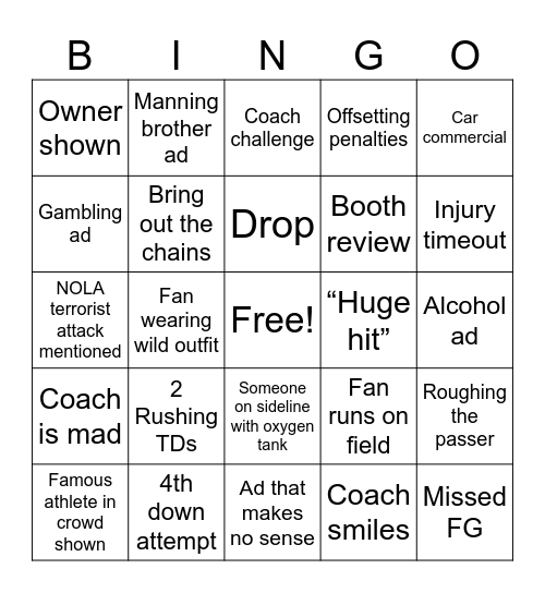 Super Bowl 2025 Bingo Card