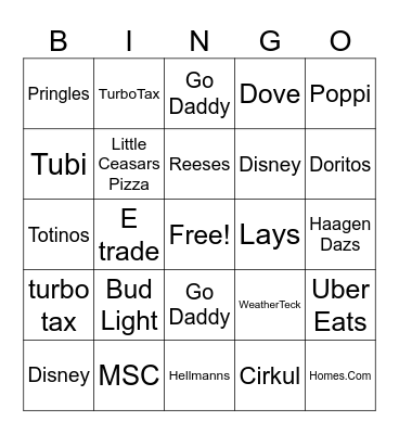 Superbowl Commercial's Bingo Card
