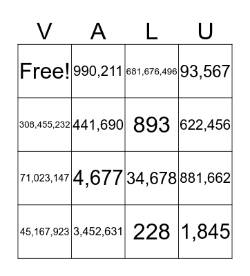 Place Value Bingo Card